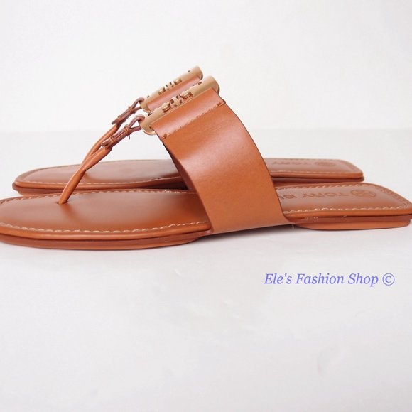 NIB Tory Burch Georgia Logo Leather Thong Sandal Aged Camello US 7 7.5 8 9 9.5 - Picture 7 of 16